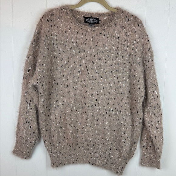Fuzzy Crew Neck Sweater with Gold Metallic Accent Open-Knit Pattern - Picture 1 of 6
